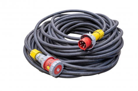 Krachtstroomkabel; 410 V / 50 mtr 5x10 mm&sup2; 63 A stekkers; voor ongeveer 60 A